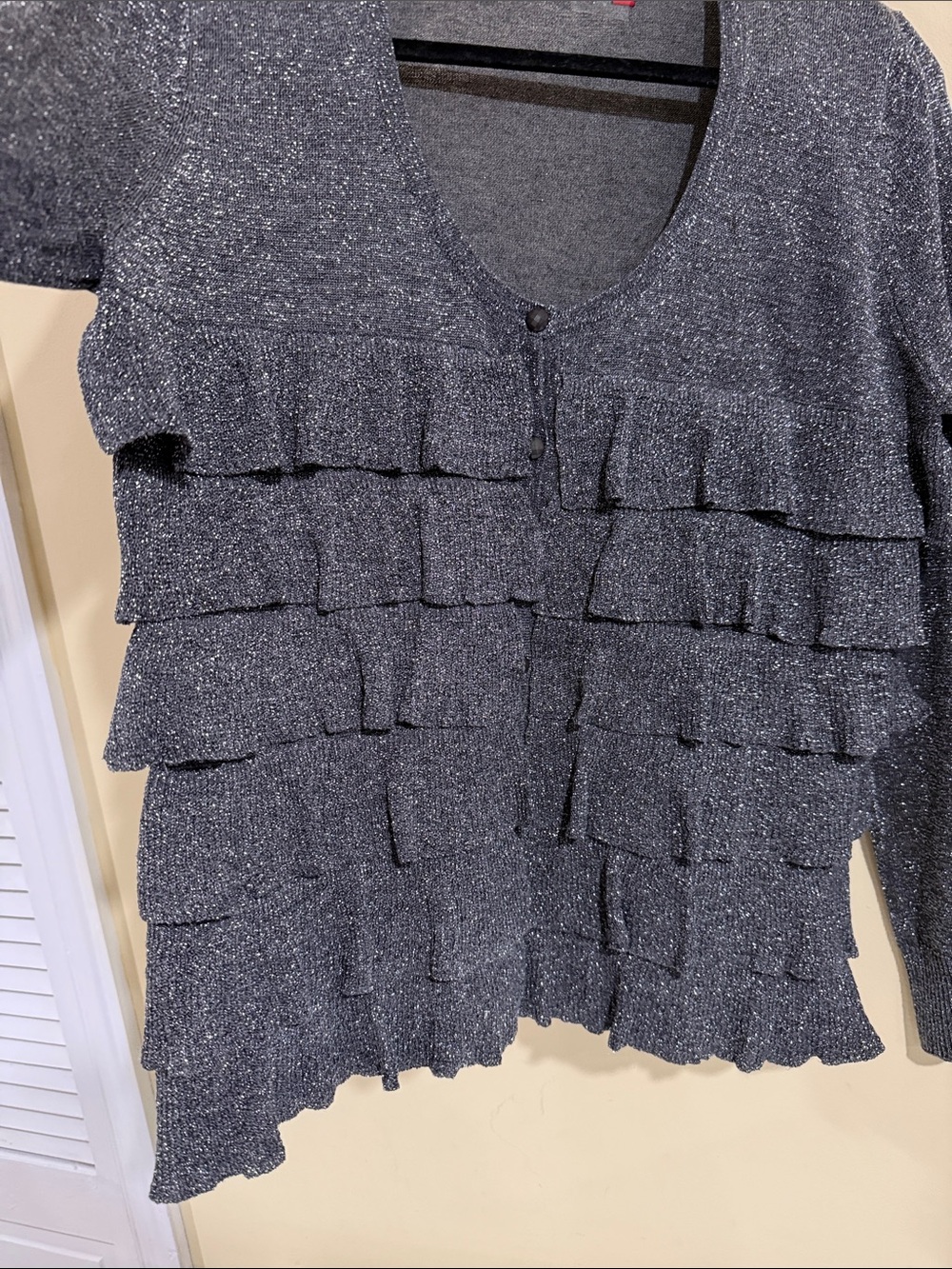 Red Metallic Gray Ruffled Cardigan by Red - Picture 5 of 7